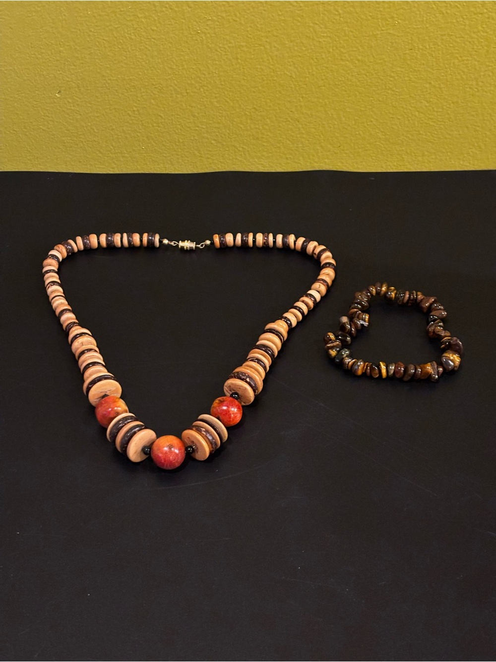 Handcrafted Red and Brown Bead Necklace with Matching Bracelet
